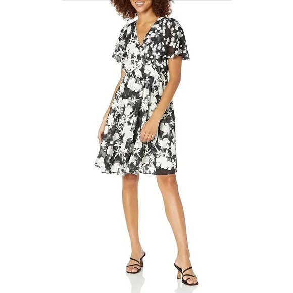 French Connection Bamba Devore Wrap Dress Black White Size 8 - Picture 1 of 7